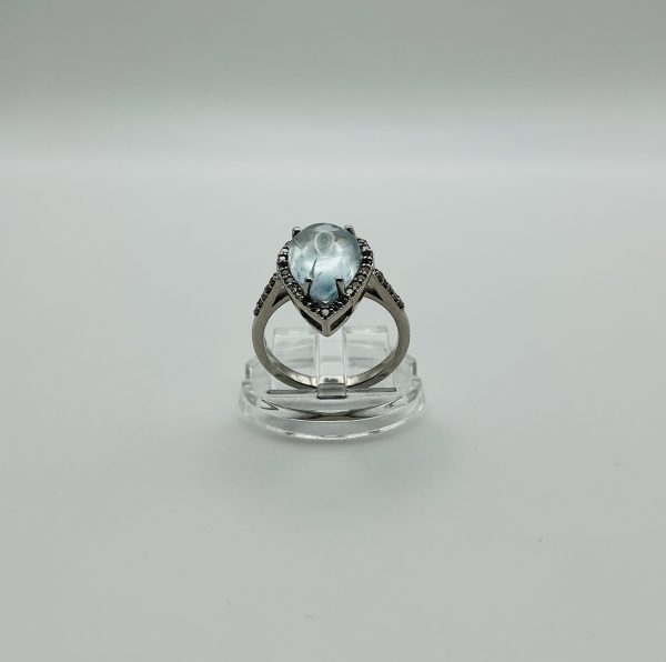 Platinum-Plated Sterling Silver Aquamarine & Diamond Ring – Pear Cut Elegance - Image 2