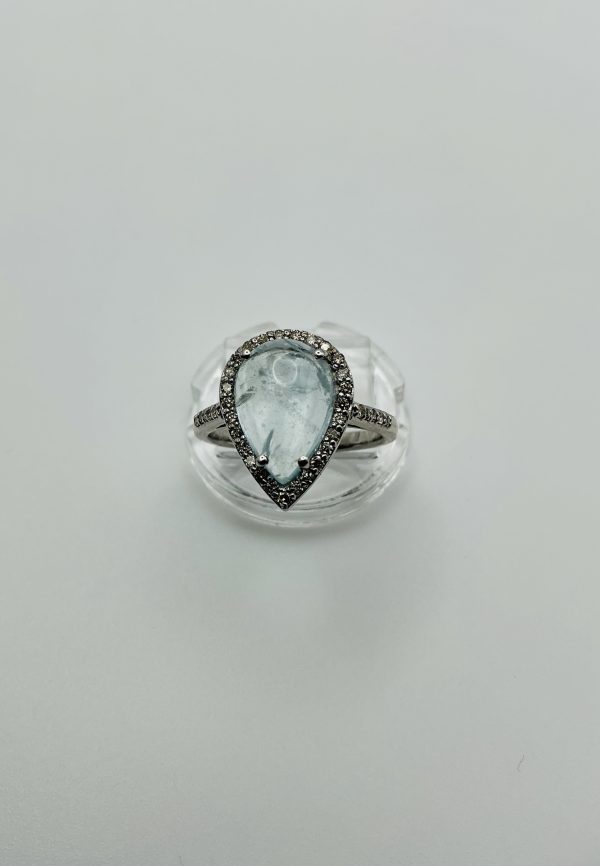 Platinum-Plated Sterling Silver Aquamarine & Diamond Ring – Pear Cut Elegance