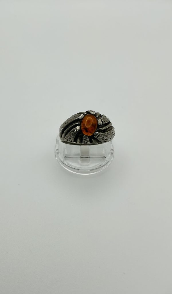 Sterling Silver Amber Statement Ring – Textured Artisan Design