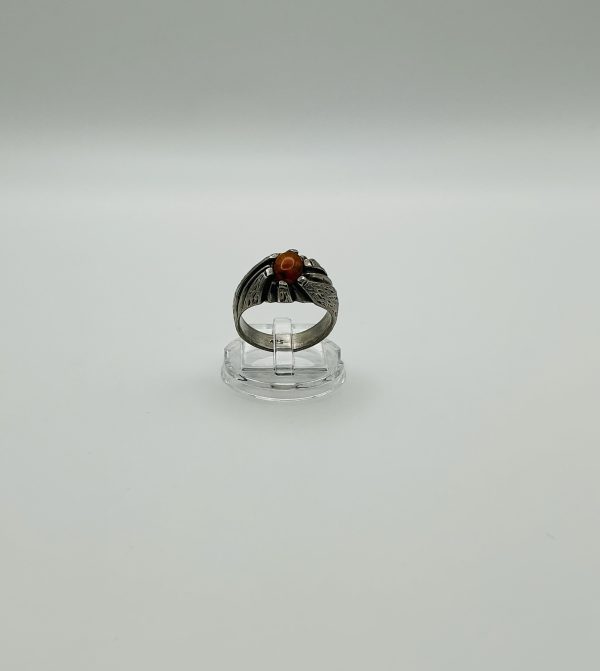 Sterling Silver Amber Statement Ring – Textured Artisan Design - Image 2