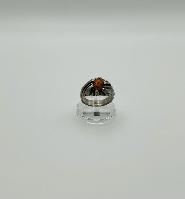 Sterling Silver Amber Statement Ring – Textured Artisan Design - Image 3