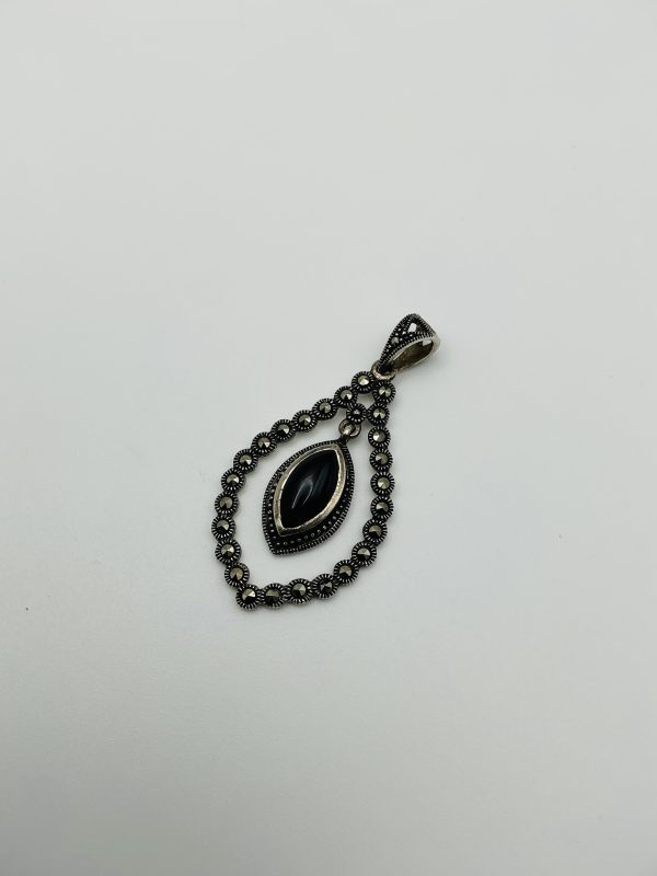 Vintage Sterling Silver Marcasite & Onyx Teardrop Pendant – 5.21g - Image 3