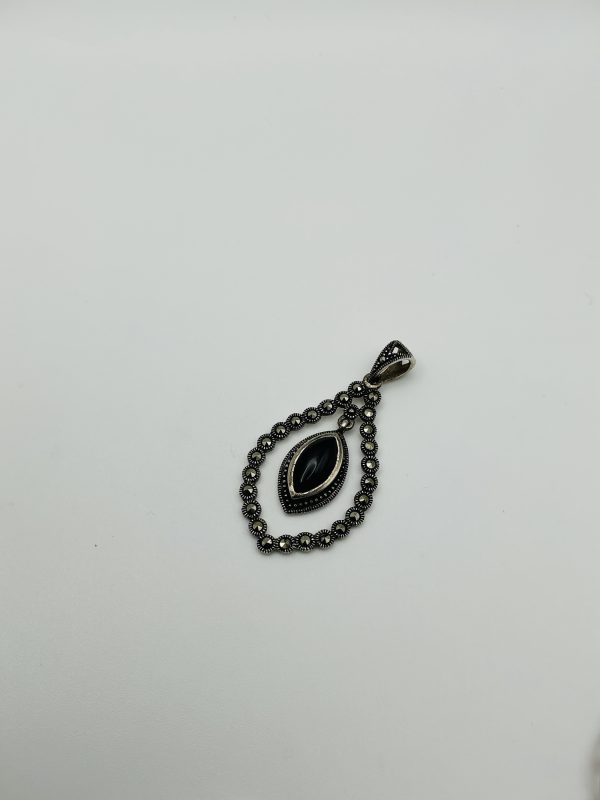 Vintage Sterling Silver Marcasite & Onyx Teardrop Pendant – 5.21g - Image 4