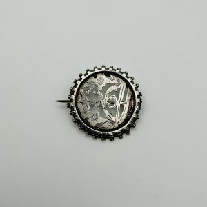 Antique-Style Engraved Sterling Silver Floral Brooch – Round Milgrain Frame