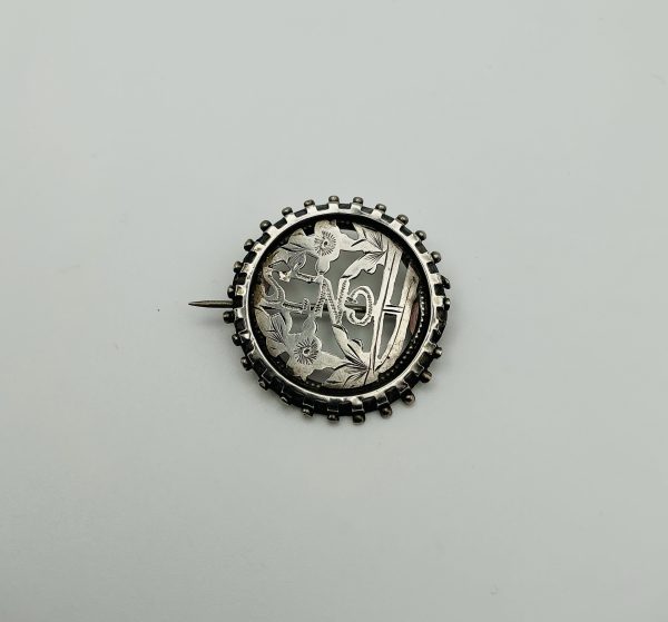 Antique-Style Engraved Sterling Silver Floral Brooch – Round Milgrain Frame
