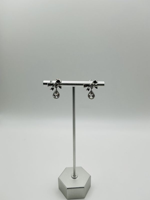Sterling Silver Bow Stud Earrings with Teardrop CZ – Elegant Drop Design - Image 4
