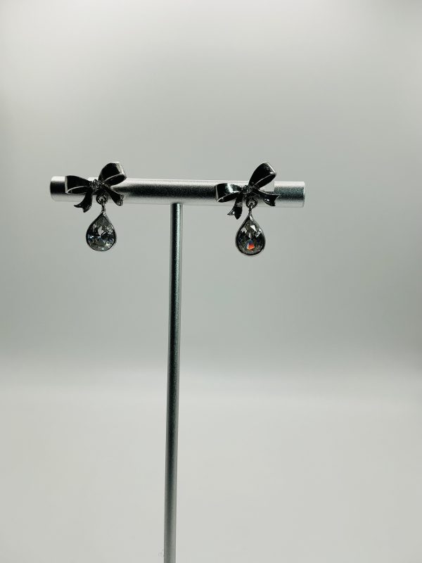 Sterling Silver Bow Stud Earrings with Teardrop CZ – Elegant Drop Design - Image 3