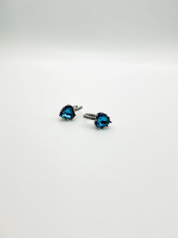 Silver Earrings with Heart-Cut Blue Stones & Pavé Accents – Leverback Design - Image 3