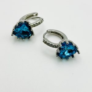 Silver Earrings with Heart-Cut Blue Stones & Pavé Accents – Leverback Design