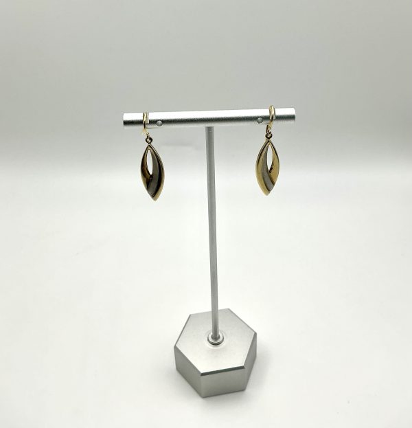 14ct Yellow and White Gold Leaf Drop Earrings – Elegant Two-Tone Design - Image 2