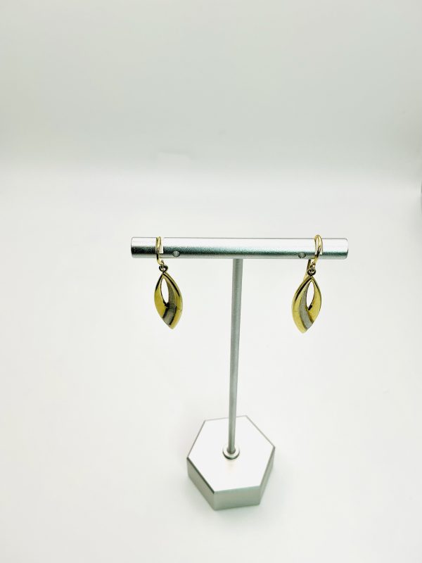 14ct Yellow and White Gold Leaf Drop Earrings – Elegant Two-Tone Design - Image 3