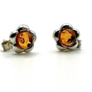 Sterling Silver Amber Flower Stud Earrings – 1.6g