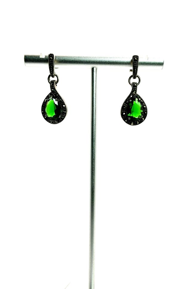 Elegant 925 Sterling Silver Green Teardrop Earrings with Marcasite Accents - Image 2