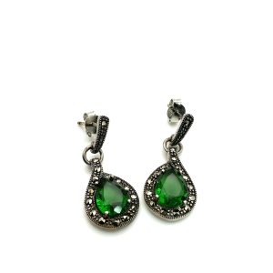 Elegant 925 Sterling Silver Green Teardrop Earrings with Marcasite Accents