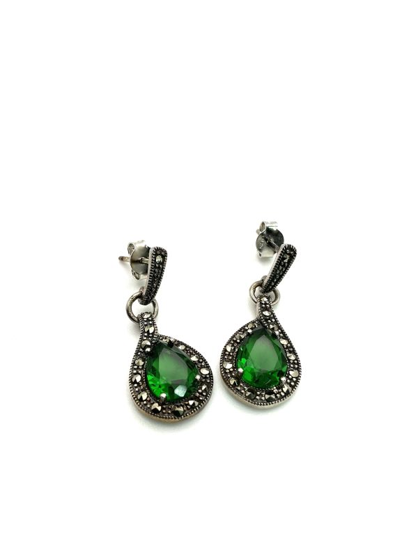 Elegant 925 Sterling Silver Green Teardrop Earrings with Marcasite Accents