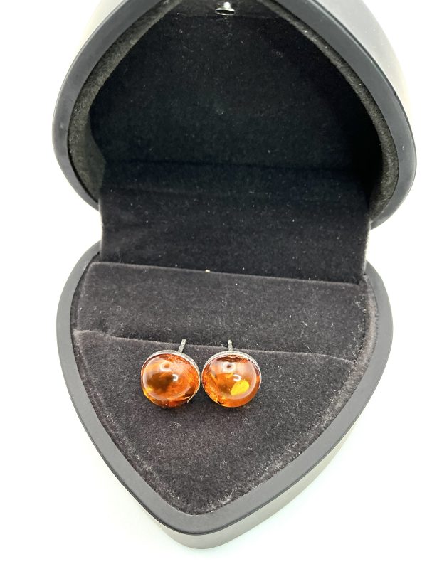 Sterling Silver Round Baltic Amber Stud Earrings – 1.9g