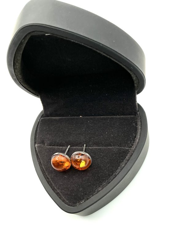 Sterling Silver Round Baltic Amber Stud Earrings – 1.9g - Image 2