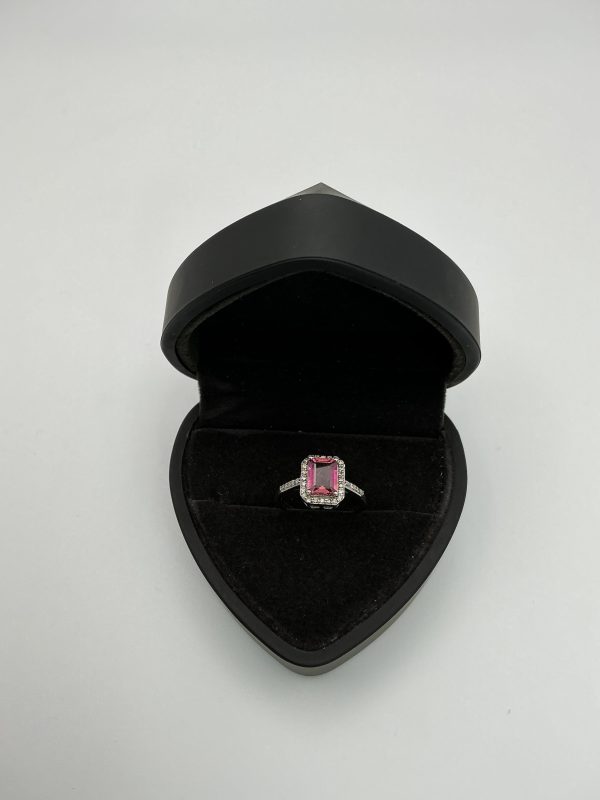 2ct Emerald-Cut Pink Tourmaline and Diamond Halo Ring in 925 Sterling Silver – Size 10 - Image 4
