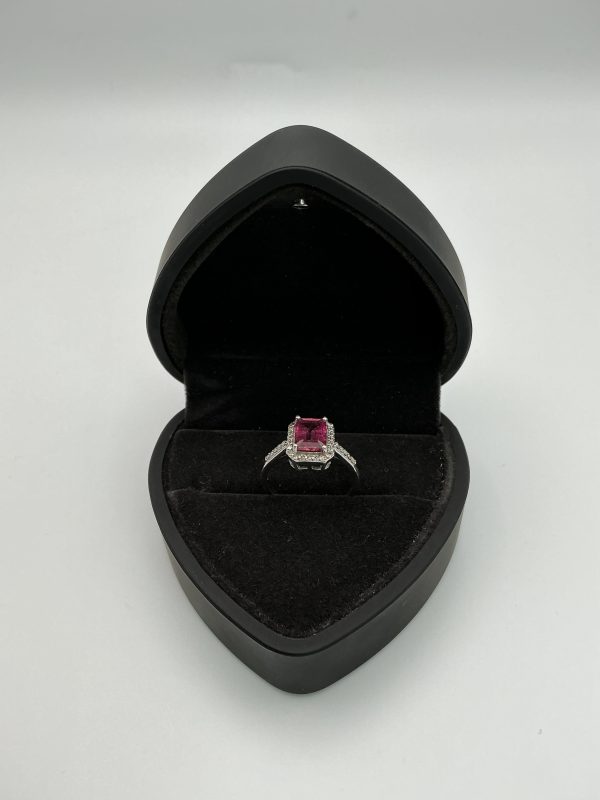 2ct Emerald-Cut Pink Tourmaline and Diamond Halo Ring in 925 Sterling Silver – Size 10 - Image 3