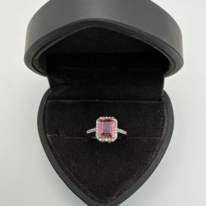 2ct Emerald-Cut Pink Tourmaline and Diamond Halo Ring in 925 Sterling Silver – Size 10