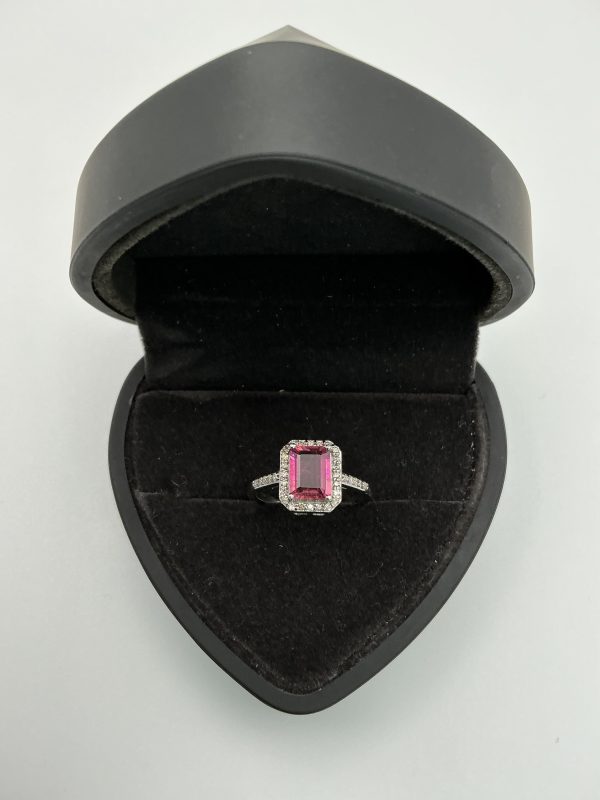 2ct Emerald-Cut Pink Tourmaline and Diamond Halo Ring in 925 Sterling Silver – Size 10