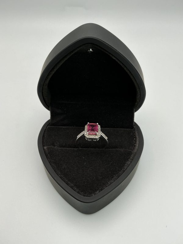 2ct Emerald-Cut Pink Tourmaline and Diamond Halo Ring in 925 Sterling Silver – Size 10 - Image 2