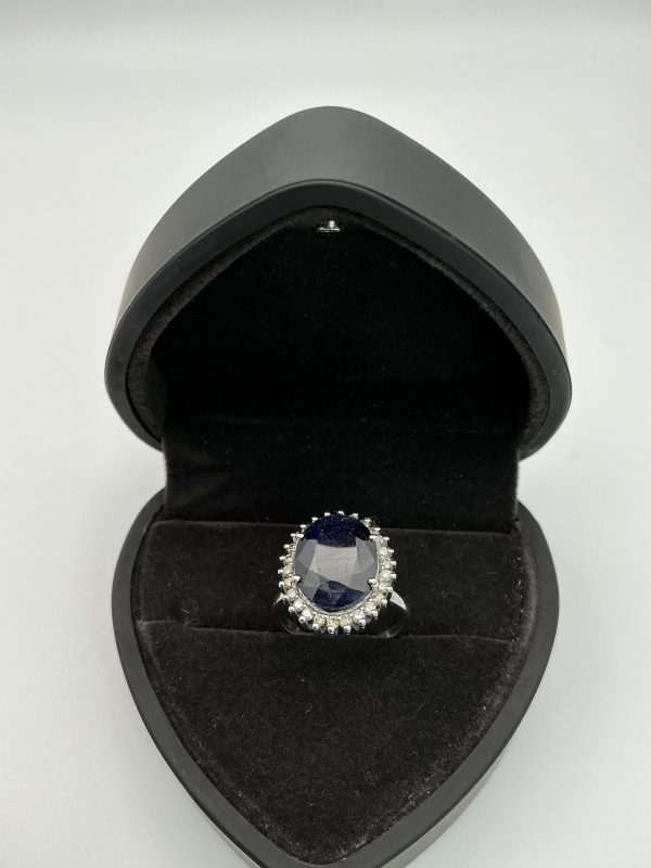 4ct Oval Sapphire and Diamond Halo Ring in Sterling Silver – Size O - Image 6