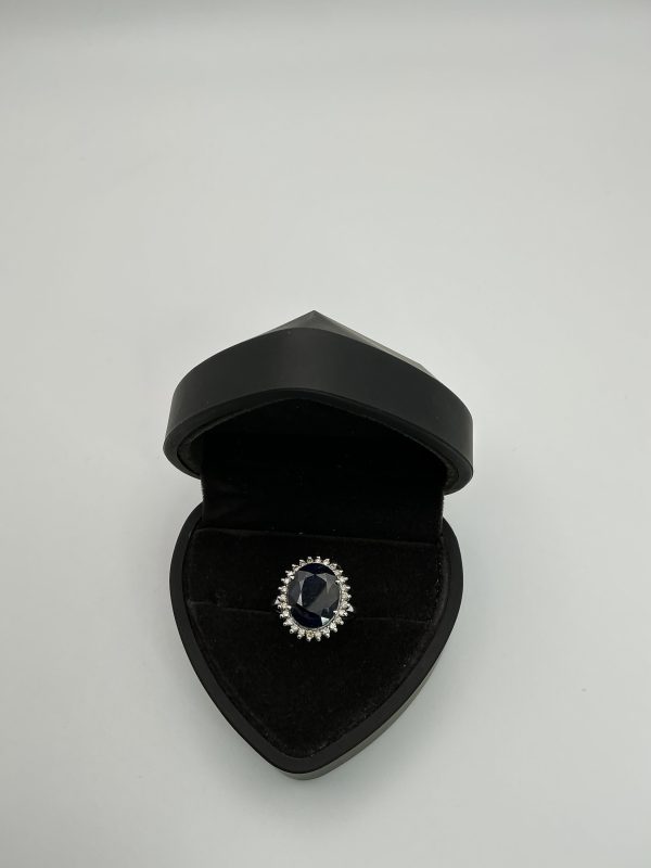 4ct Oval Sapphire and Diamond Halo Ring in Sterling Silver – Size O - Image 4