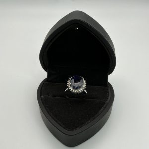 4ct Oval Sapphire and Diamond Halo Ring in Sterling Silver – Size O