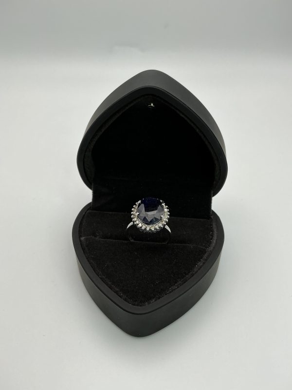 4ct Oval Sapphire and Diamond Halo Ring in Sterling Silver – Size O