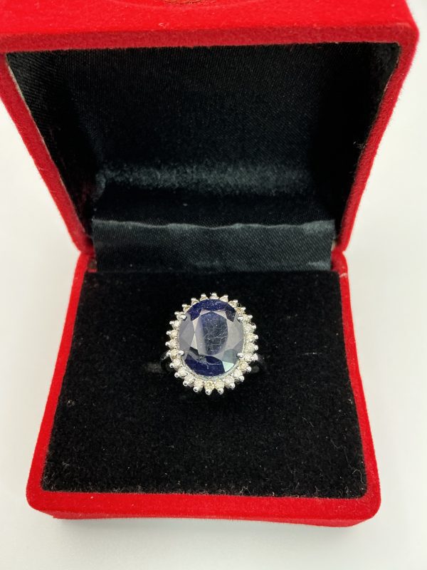 4ct Oval Sapphire and Diamond Halo Ring in Sterling Silver – Size O - Image 2