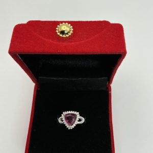 Pink Tourmaline and Diamond Trillion-Cut Ring in 925 Sterling Silver – Size N