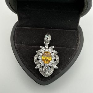 925 Sterling Silver Ornate Yellow Gemstone & Diamond Simulant Pendant – 9.4g