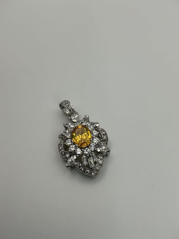 925 Sterling Silver Ornate Yellow Gemstone & Diamond Simulant Pendant – 9.4g - Image 3