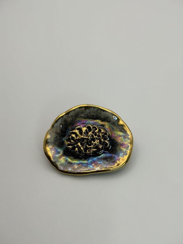 Vintage Iridescent Glazed Ceramic Brooch with Abstract Centerpiece
