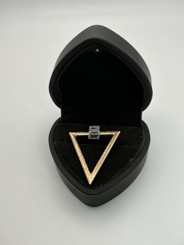 Vintage Modernist Triangle Pendant with Baguette-Cut Crystal – Brushed Gold-Tone Finish - Image 2