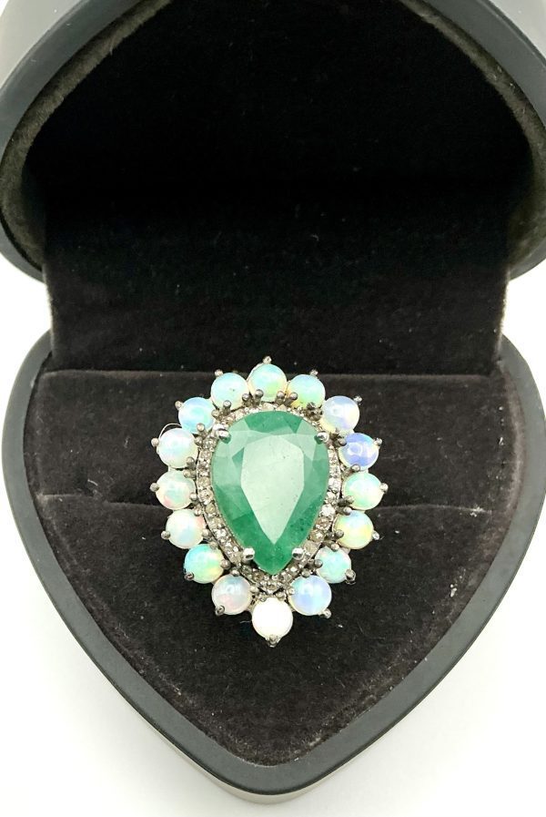 Sterling Silver 6ct Emerald, Opal & Diamond Cluster Ring – Size O, 8.6g - Image 2
