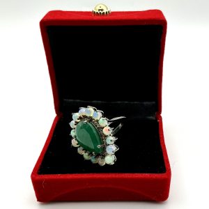 Sterling Silver 6ct Emerald, Opal & Diamond Cluster Ring – Size O, 8.6g