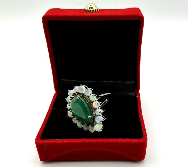 Sterling Silver 6ct Emerald, Opal & Diamond Cluster Ring – Size O, 8.6g