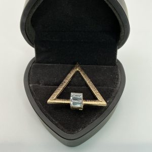 Vintage Modernist Triangle Pendant with Baguette-Cut Crystal – Brushed Gold-Tone Finish