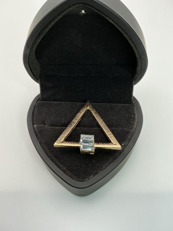 Vintage Modernist Triangle Pendant with Baguette-Cut Crystal – Brushed Gold-Tone Finish