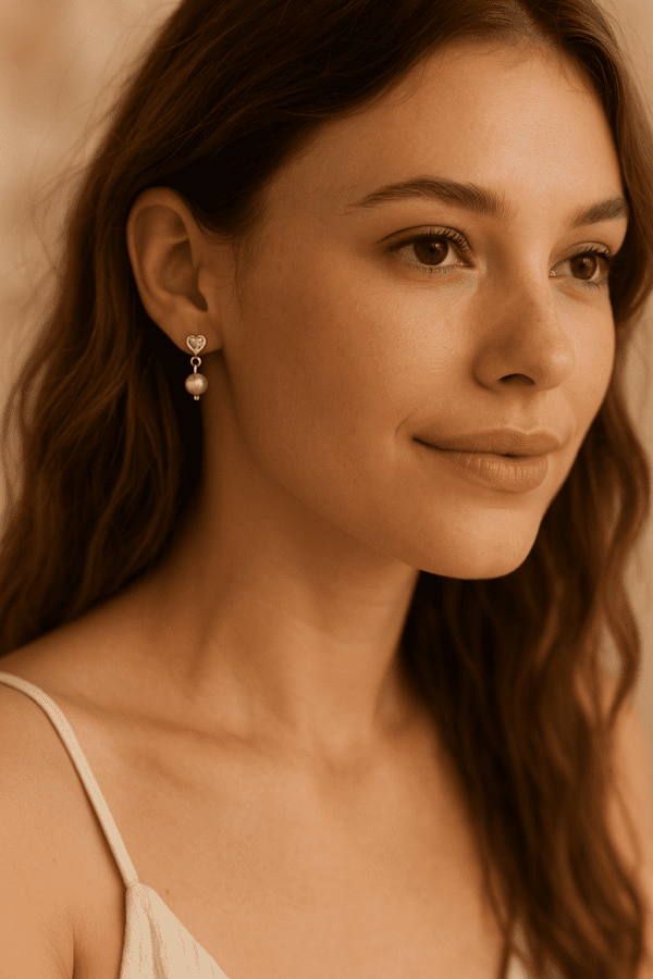 Silver Heart Drop Earrings with Faux Pearls & Glass Stones – 2g