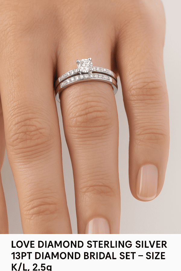 Love Diamond Sterling Silver 13pt Diamond Bridal Set – Size K/L, 2.5g - Image 6