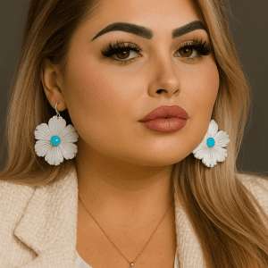 Sterling Silver Mother of Pearl & Turquoise Floral Drop Earrings – 8g