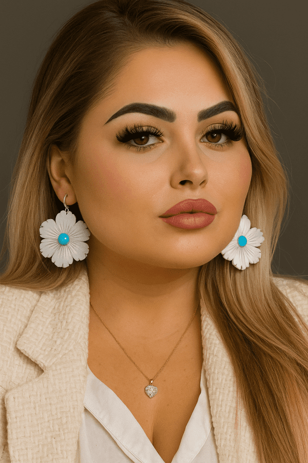 Sterling Silver Mother of Pearl & Turquoise Floral Drop Earrings – 8g