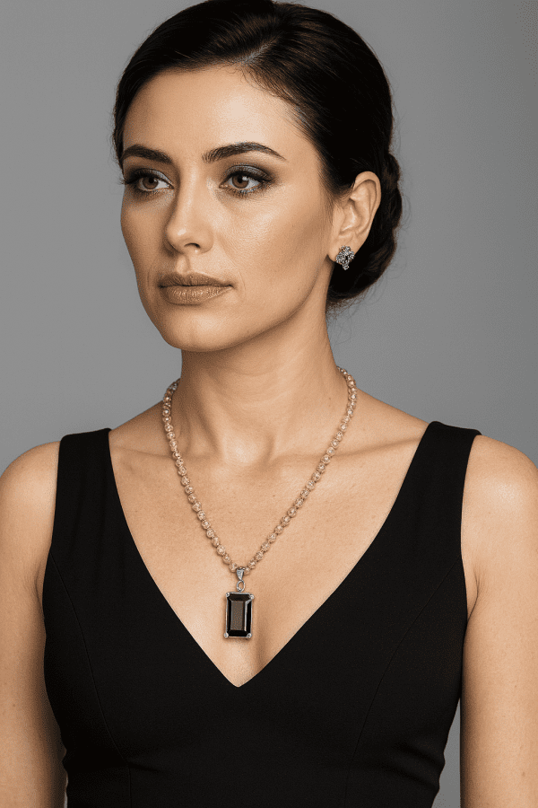 Sterling Silver Smoky Quartz Necklace, Pendant & Topaz Stud Earrings Set – 50ct Total