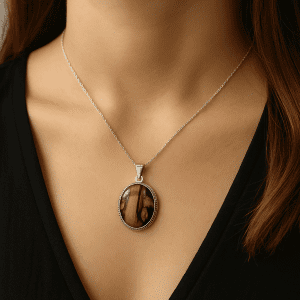 925 Sterling Silver Oval Resin Wood Art Pendant – 1”, 1.8