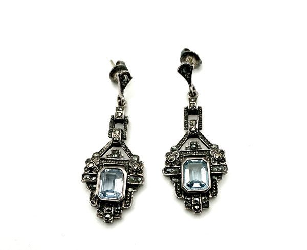 Vintage Style Sterling Silver, Marcasite & Blue Topaz Drop Earrings | Art Deco Revival 1” Earrings, 10.3g - Image 5