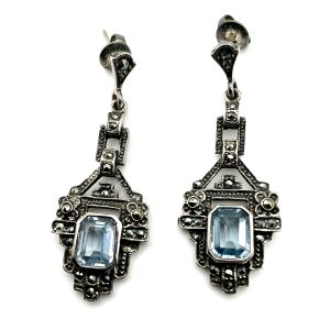 Vintage Style Sterling Silver, Marcasite & Blue Topaz Drop Earrings | Art Deco Revival 1” Earrings, 10.3g