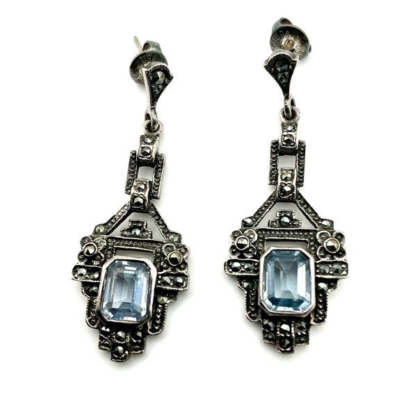 Vintage Style Sterling Silver, Marcasite & Blue Topaz Drop Earrings | Art Deco Revival 1” Earrings, 10.3g